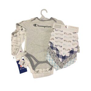 NWT Champion Baby 18M Long-Sleeve Bodysuits Set & Hudson Baby 4-Pack Bandana Bib